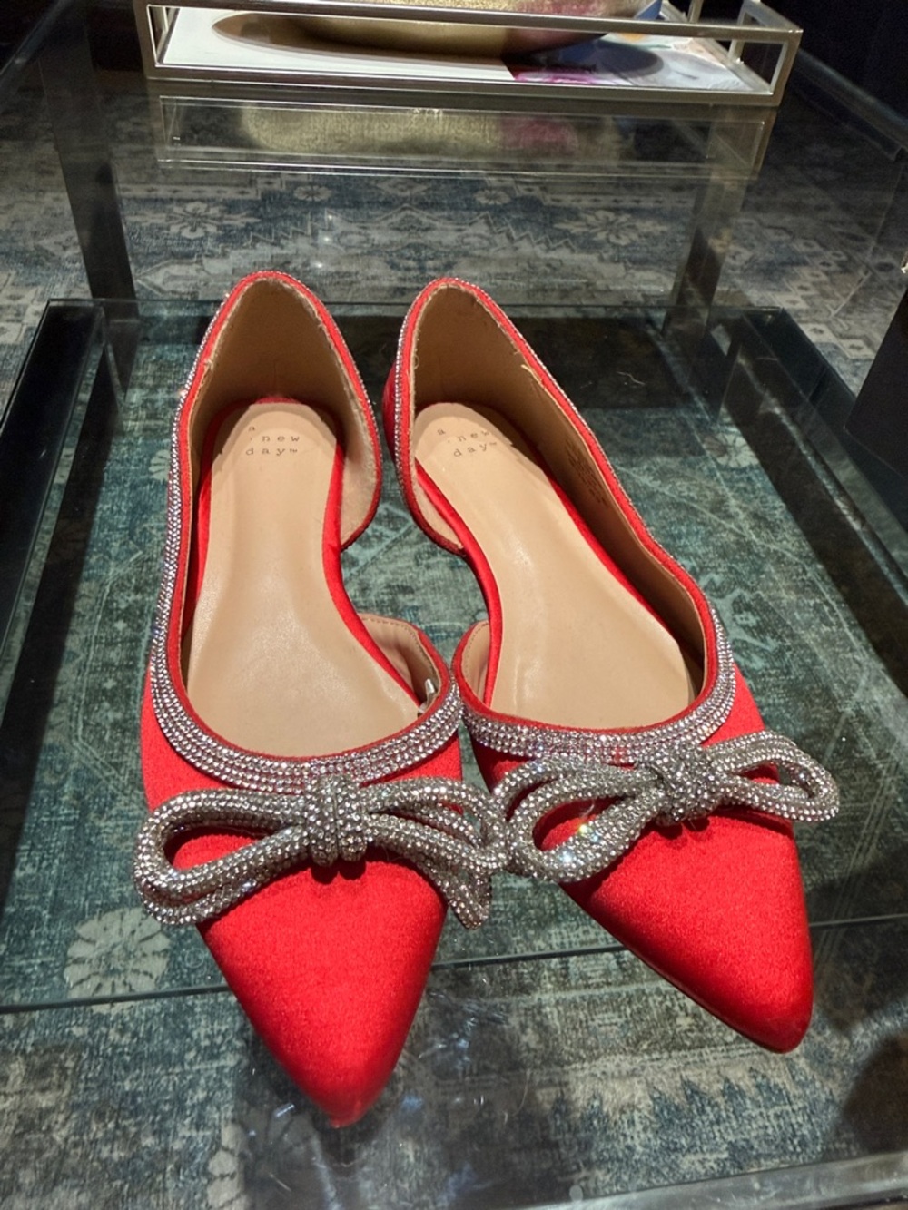 A New Day Red Satin Pointed Toe Flats with Crystal Bow